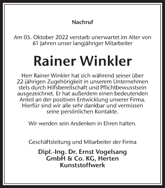 Traueranzeige von Rainer Winkler von Medienhaus Bauer