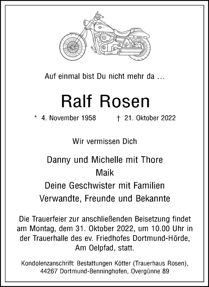  Traueranzeige für Ralf Rosen vom 29.10.2022 aus 