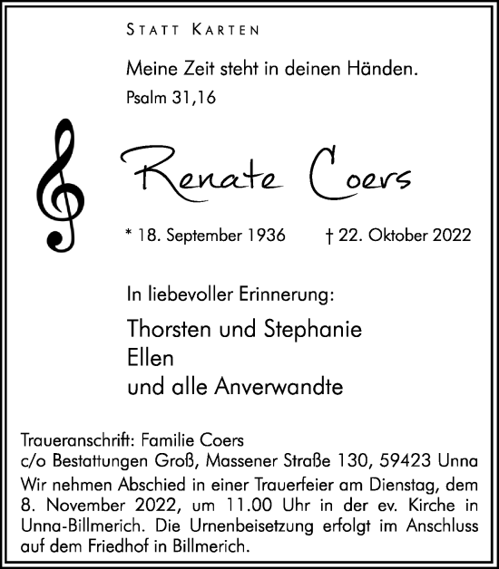 Traueranzeige von Reante Coers von Hellweger Anzeiger