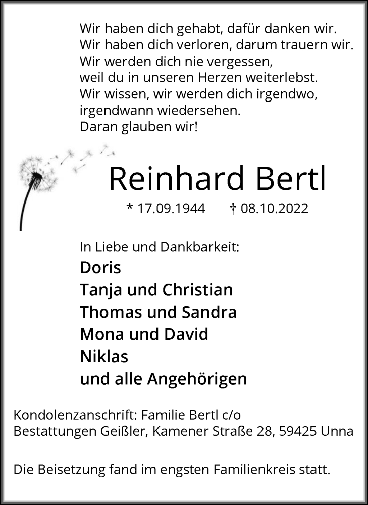  Traueranzeige für Reinhard Bertl vom 20.10.2022 aus Hellweger Anzeiger