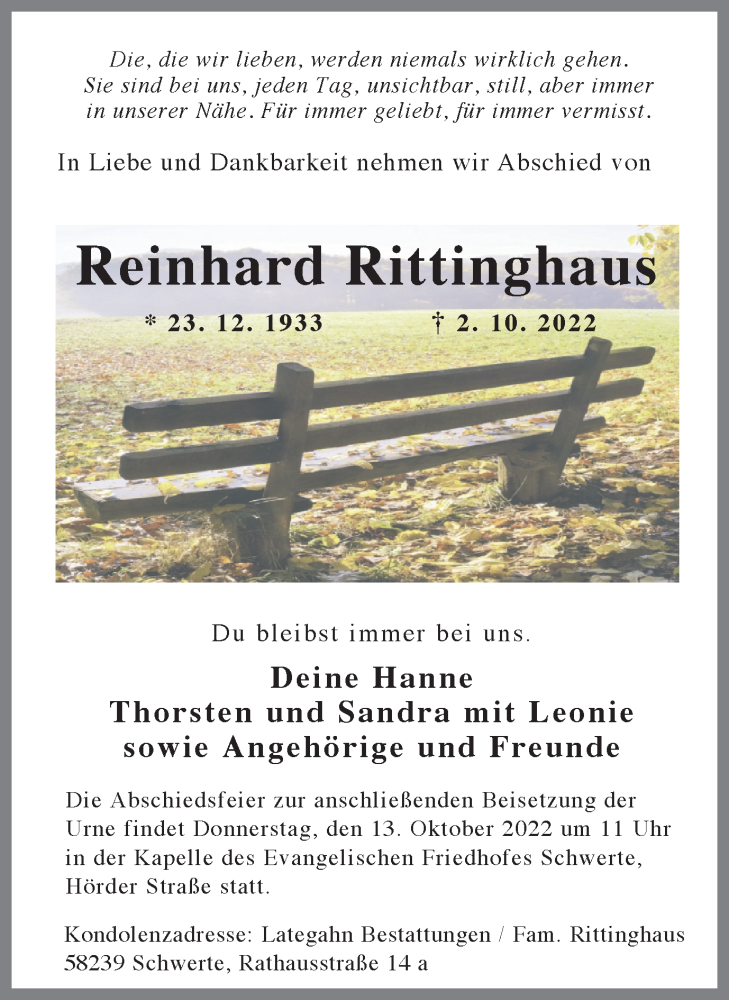  Traueranzeige für Reinhard Rittinghaus vom 08.10.2022 aus Ruhr Nachrichten