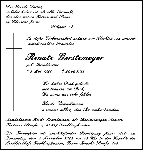 Traueranzeige von Renate Gerstemeyer von Medienhaus Bauer