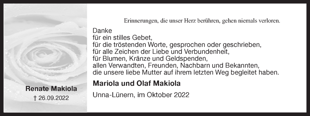  Traueranzeige für Renate Makiola vom 15.10.2022 aus Hellweger Anzeiger