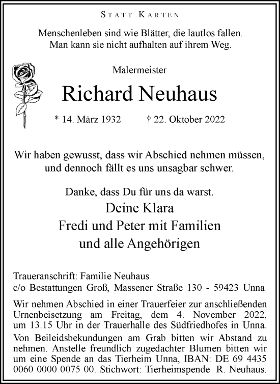 Traueranzeige von Richard Neuhaus von Hellweger Anzeiger