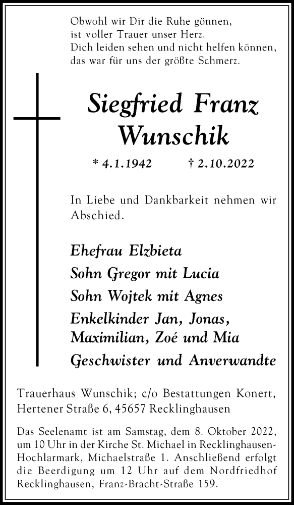  Traueranzeige für Siegfried Franz Wunschik vom 05.10.2022 aus Medienhaus Bauer