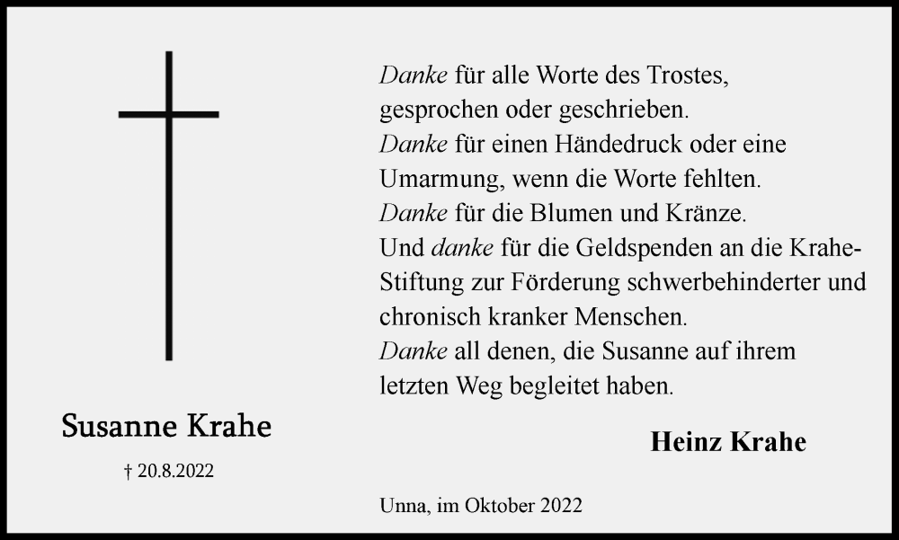  Traueranzeige für Susanne Krahe vom 15.10.2022 aus Hellweger Anzeiger