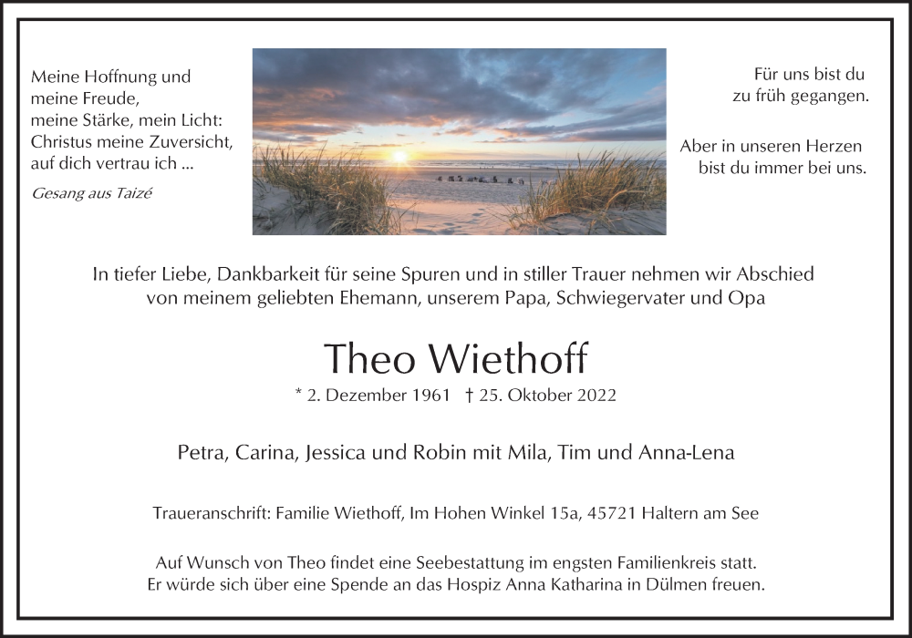  Traueranzeige für Theo Wiethoff vom 28.10.2022 aus Ruhr Nachrichten und Halterner Zeitung