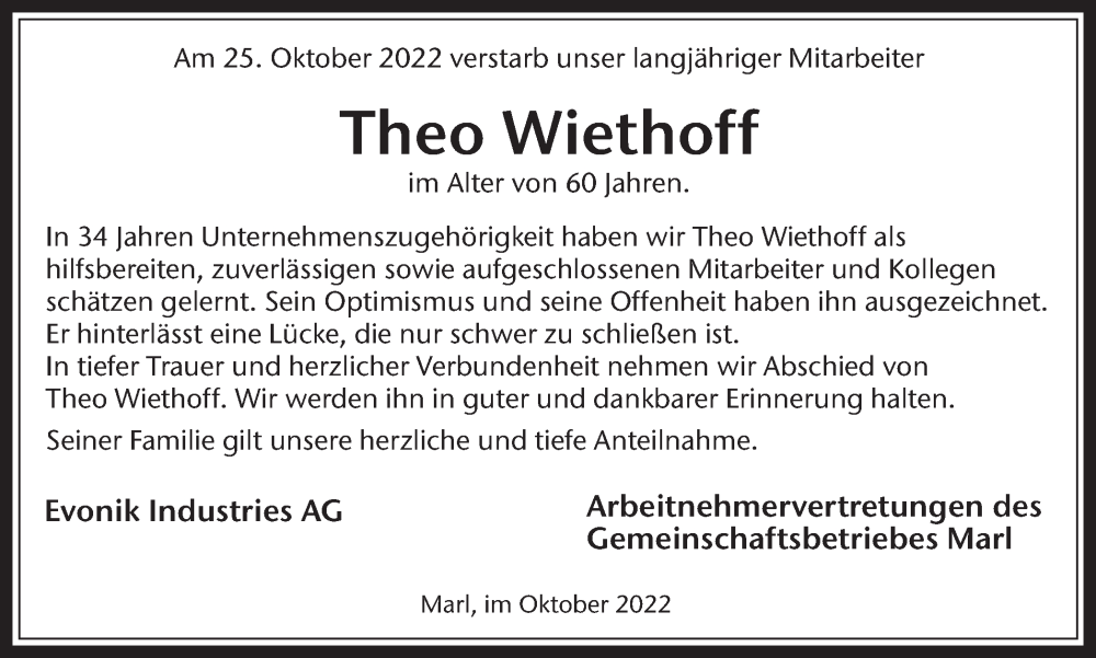  Traueranzeige für Theo Wiethoff vom 31.10.2022 aus Medienhaus Bauer