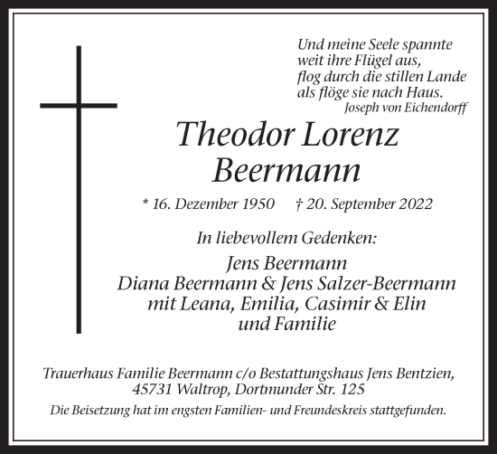Traueranzeige von Theodor Lorenz Beermann von Medienhaus Bauer