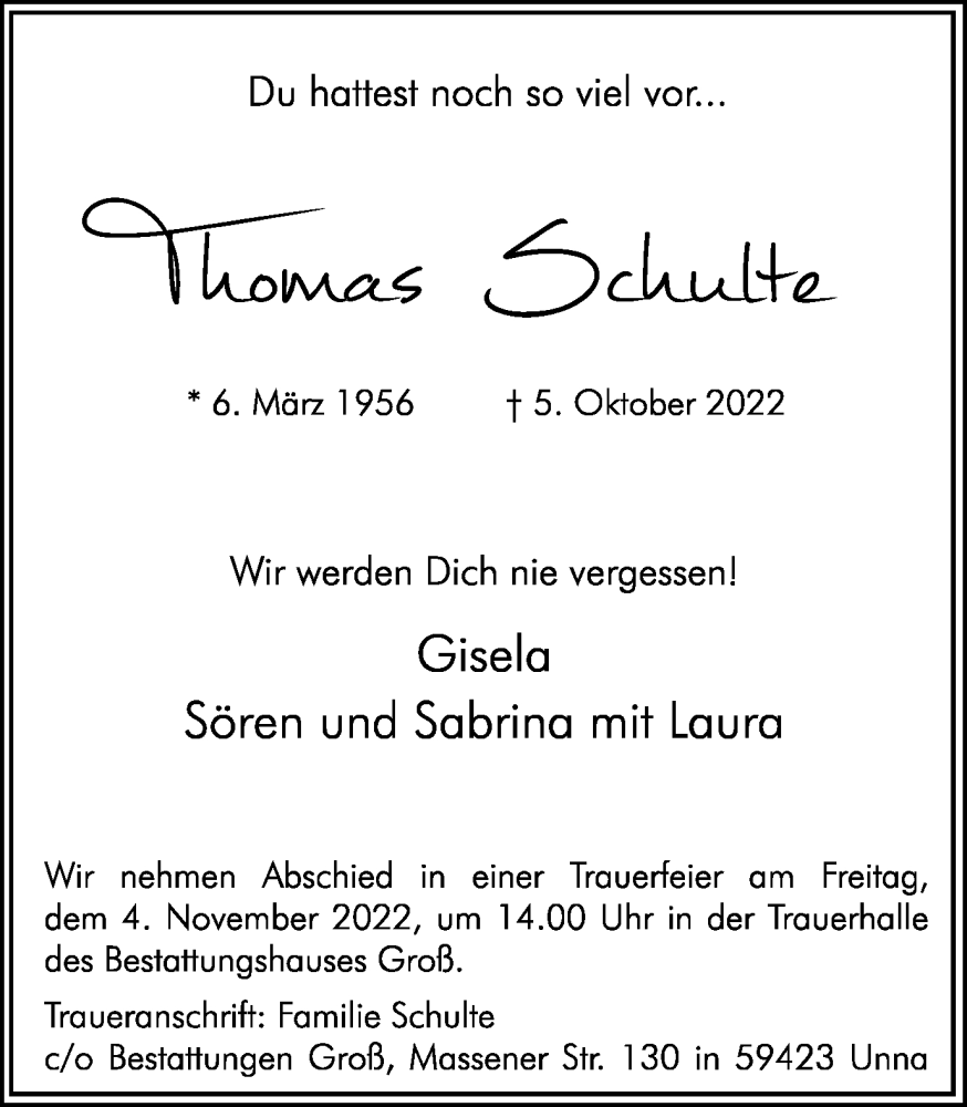  Traueranzeige für Thomas Schulte vom 29.10.2022 aus Hellweger Anzeiger