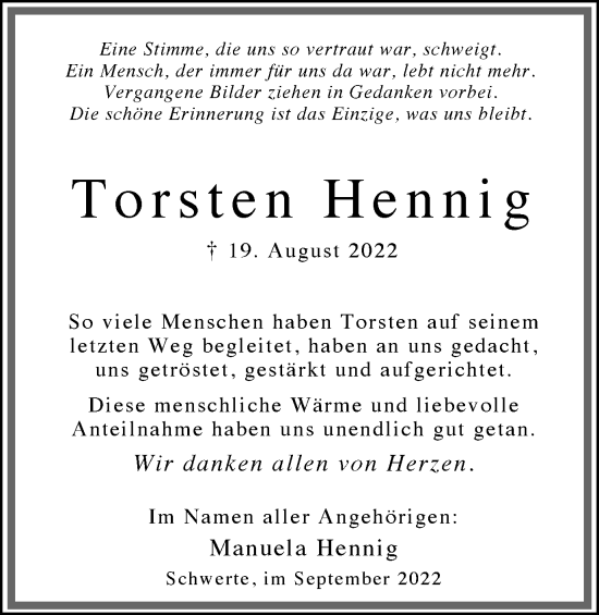 Traueranzeige von Torsten Hennig von Ruhr Nachrichten