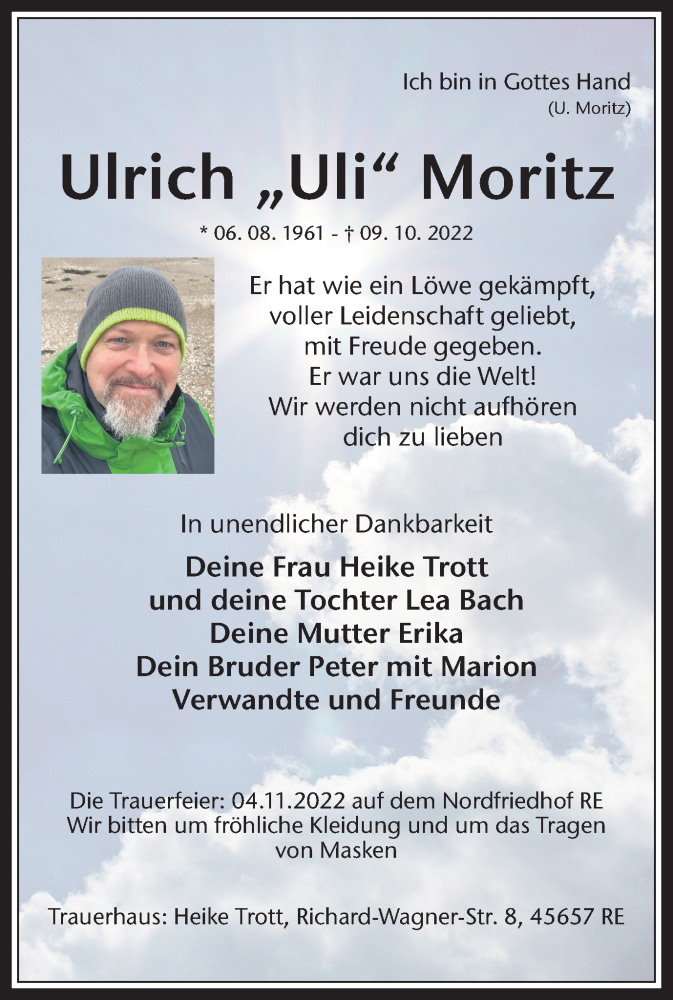  Traueranzeige für Ulrich Moritz vom 29.10.2022 aus Medienhaus Bauer