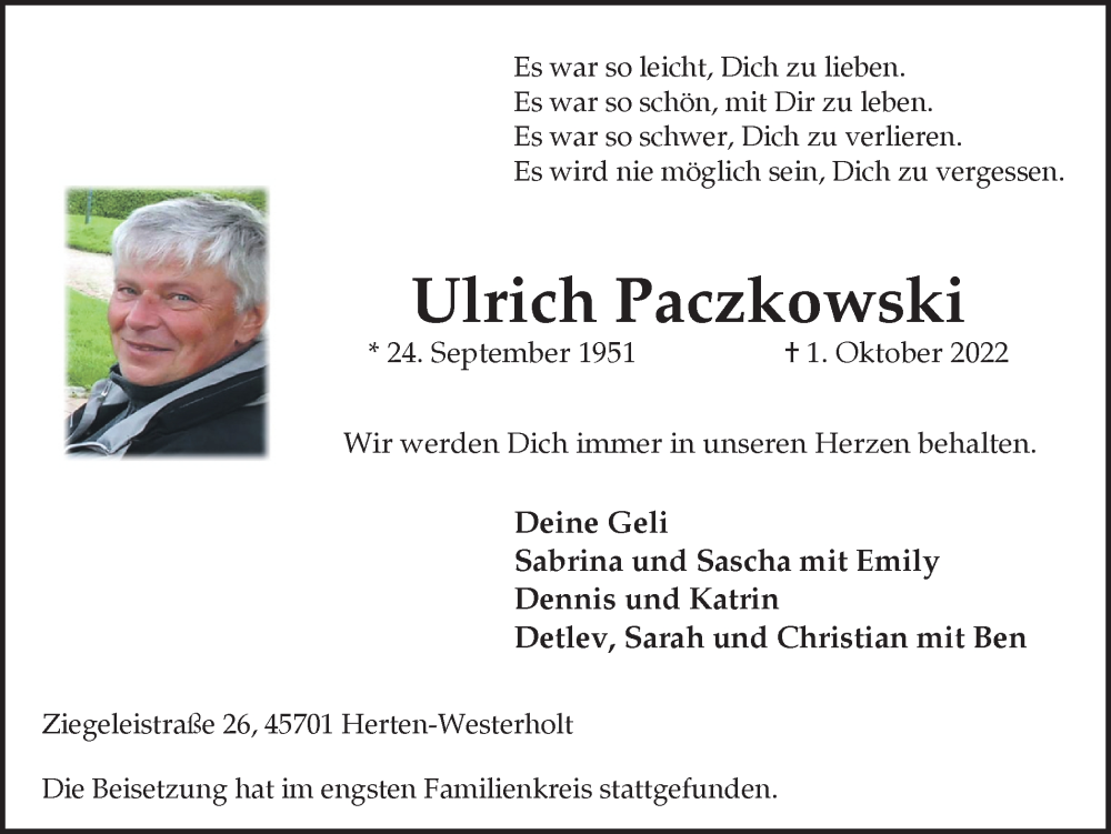  Traueranzeige für Ulrich Paczkowski vom 28.10.2022 aus Medienhaus Bauer