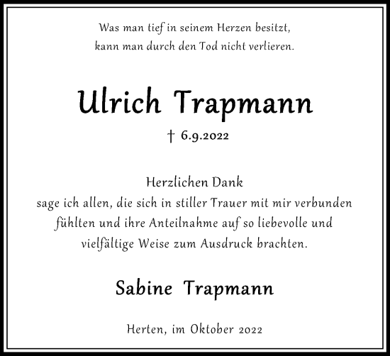 Traueranzeige von Ulrich Trapmann von Medienhaus Bauer