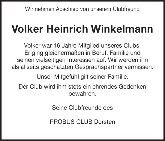 Traueranzeige von Volker Heinrich Winkelmann von Ruhr Nachrichten und Dorstener Zeitung