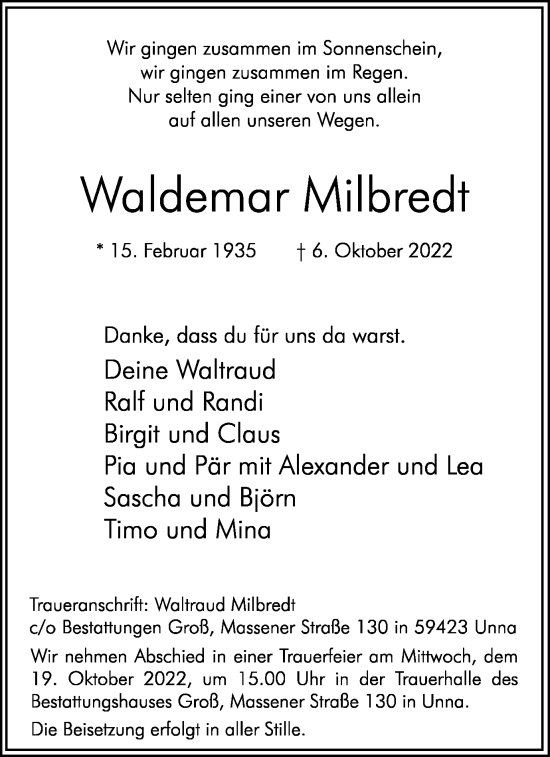 Traueranzeige von Waldemar Milbredt von Hellweger Anzeiger