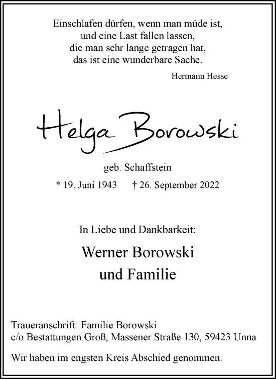Traueranzeige von Werner Borowski von Hellweger Anzeiger