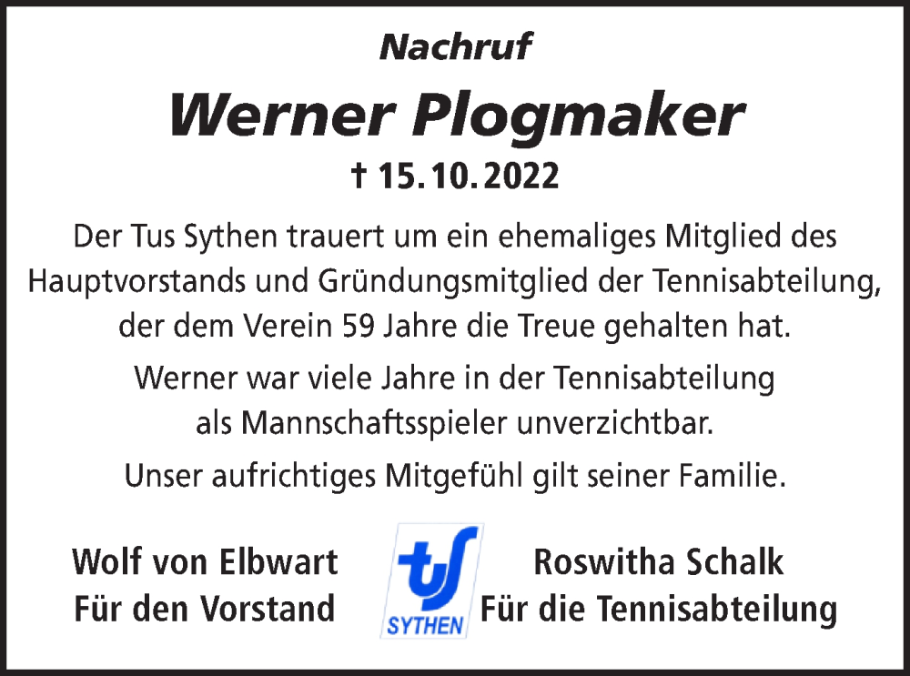  Traueranzeige für Werner Plogmaker vom 20.10.2022 aus Ruhr Nachrichten und Halterner Zeitung