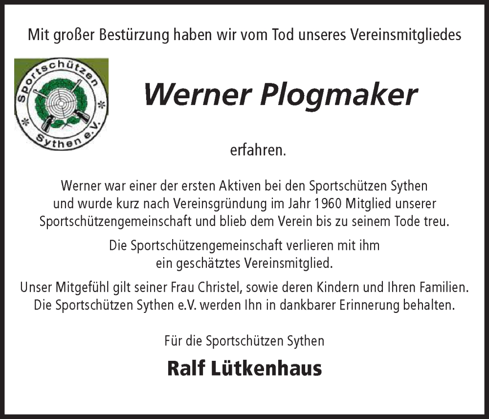  Traueranzeige für Werner Plogmaker vom 20.10.2022 aus Ruhr Nachrichten und Halterner Zeitung