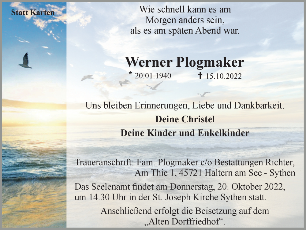 Traueranzeige für Werner Plogmaker vom 18.10.2022 aus Ruhr Nachrichten und Halterner Zeitung