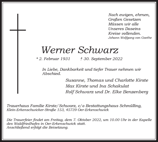 Traueranzeige von Werner Schwarz von Medienhaus Bauer