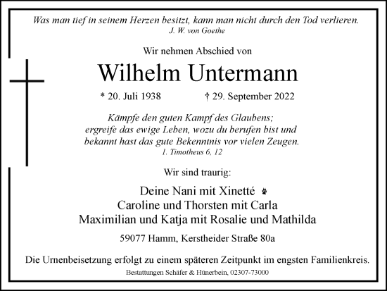 Traueranzeige von Wilhelm Untermann von Hellweger Anzeiger