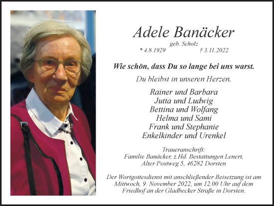 Traueranzeige von Adele Banäcker von Ruhr Nachrichten und Dorstener Zeitung