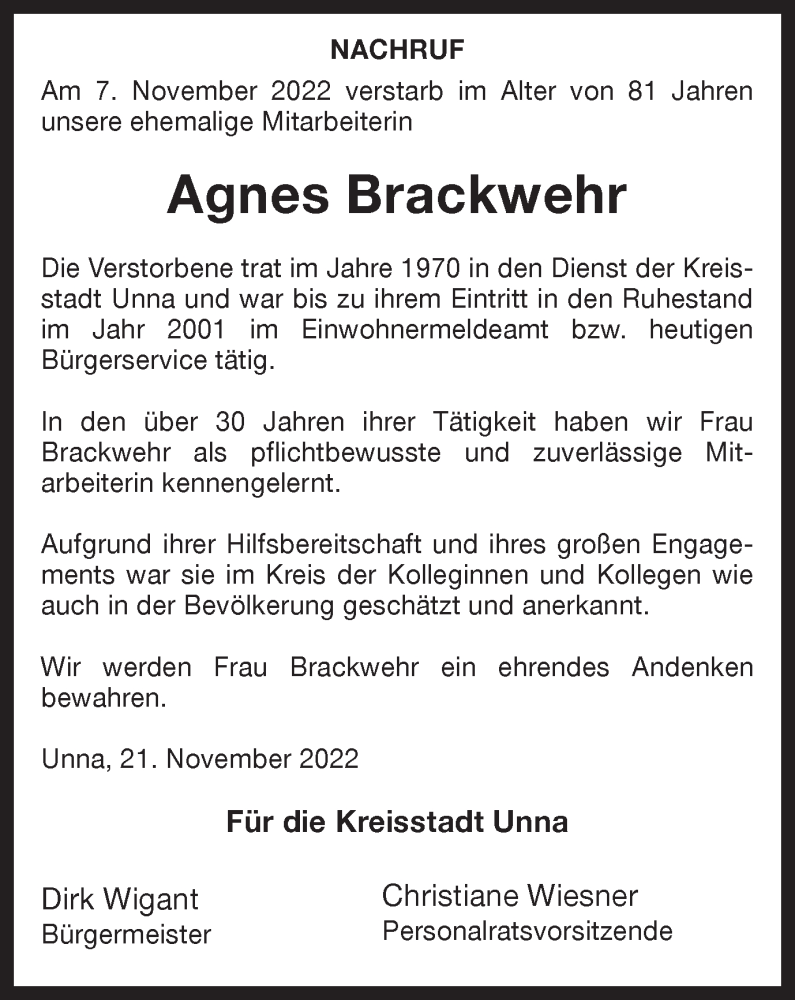  Traueranzeige für Agnes Brackwehr vom 24.11.2022 aus Hellweger Anzeiger