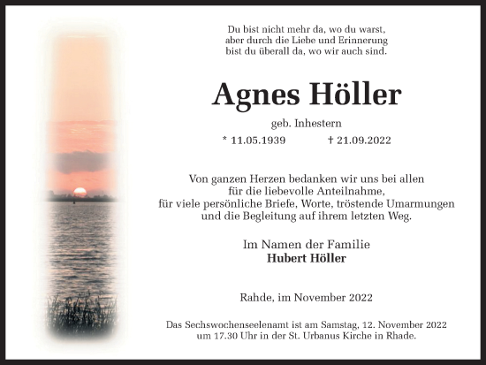 Traueranzeige von Agnes Höller von Ruhr Nachrichten und Dorstener Zeitung