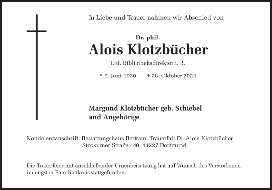 Traueranzeige von Alois Klotzbücher 