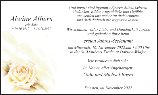 Traueranzeige von Alwine Albers von Ruhr Nachrichten und Dorstener Zeitung