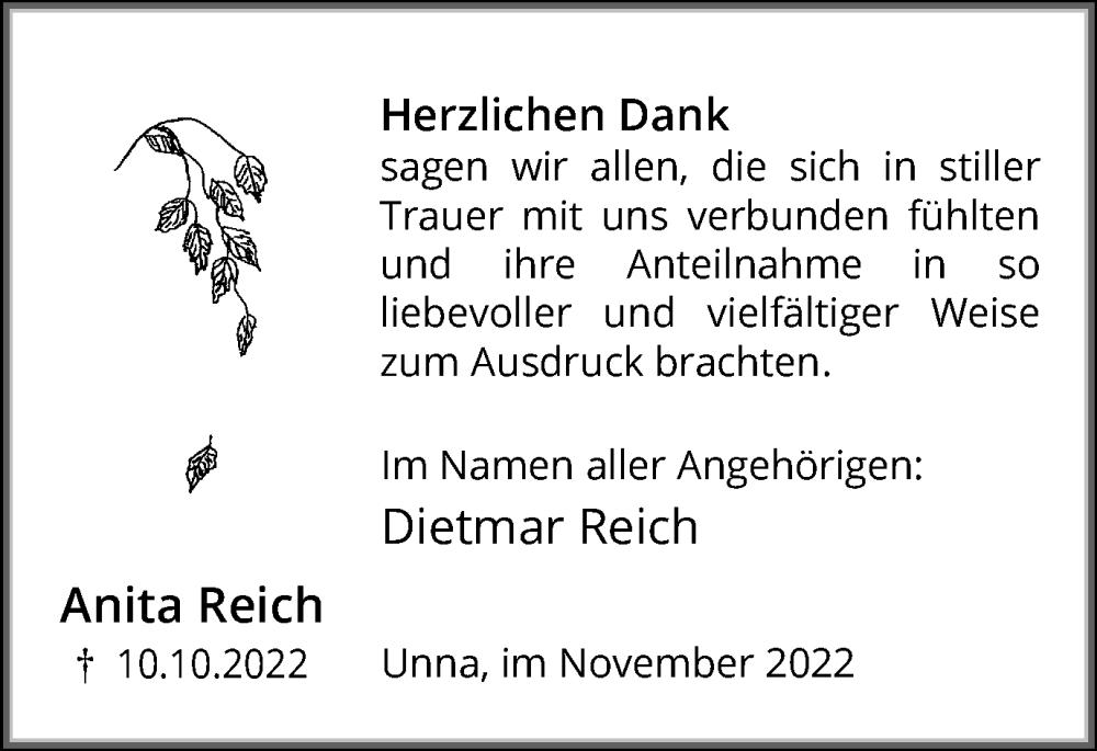  Traueranzeige für Anita Reich vom 12.11.2022 aus Hellweger Anzeiger