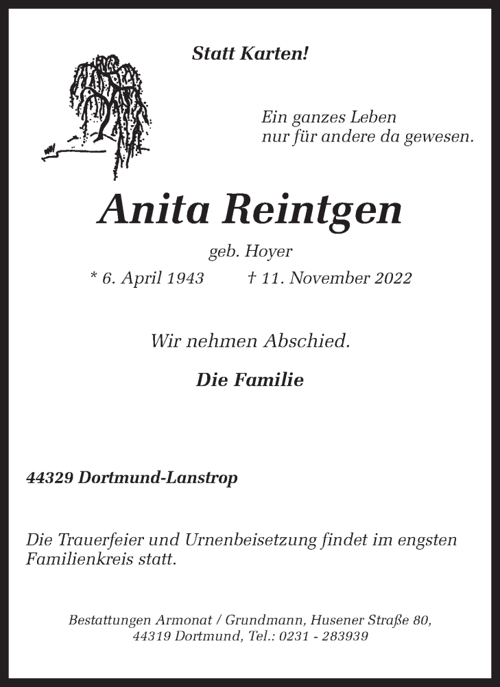  Traueranzeige für Anita Reintgen vom 19.11.2022 aus 