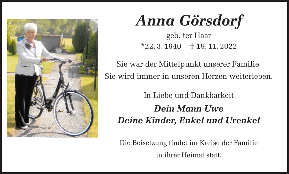  Traueranzeige für Anna Görsdorf vom 24.11.2022 aus Ruhr Nachrichten und Dorstener Zeitung