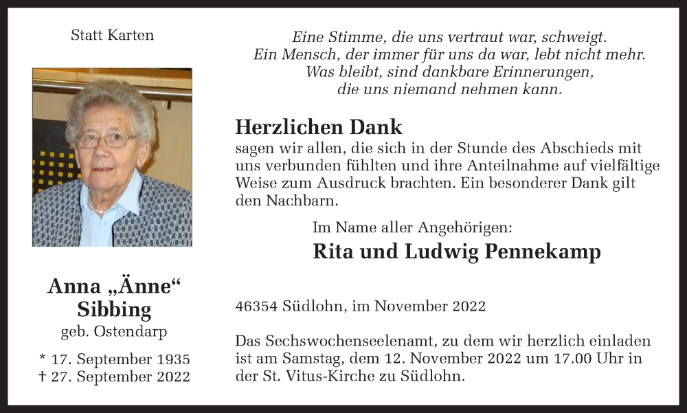  Traueranzeige für Anna Sibbing vom 09.11.2022 aus Münstersche Zeitung und Münsterland Zeitung