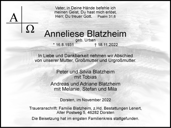 Traueranzeige von Anneliese Blatzheim von Ruhr Nachrichten und Dorstener Zeitung