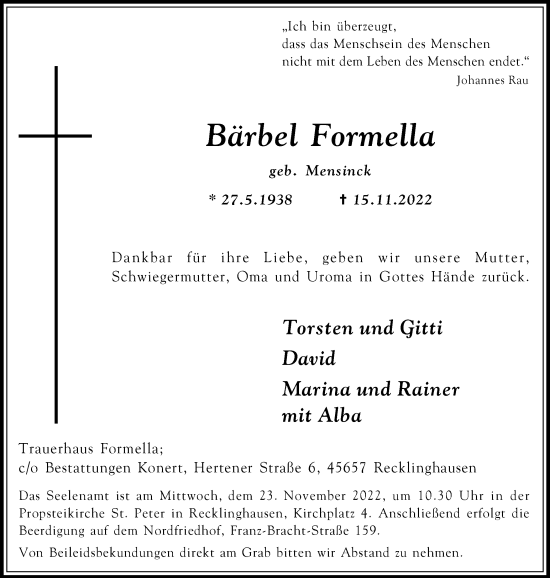 Traueranzeige von Bärbel Formella von Medienhaus Bauer