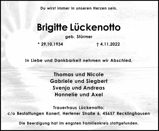 Traueranzeige von Brigitte Lückenotto von Medienhaus Bauer
