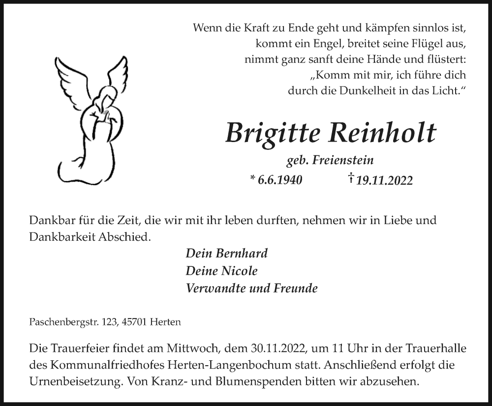  Traueranzeige für Brigitte Reinholt vom 23.11.2022 aus Medienhaus Bauer