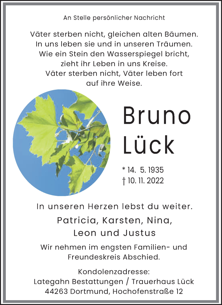  Traueranzeige für Bruno Lück vom 26.11.2022 aus 