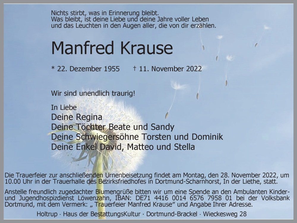  Traueranzeige für Manfred Krause vom 23.11.2022 aus Ruhr Nachrichten
