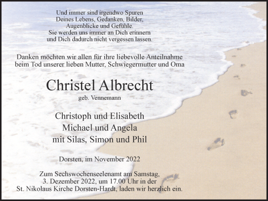 Traueranzeige von Christel Albrecht von Ruhr Nachrichten und Dorstener Zeitung
