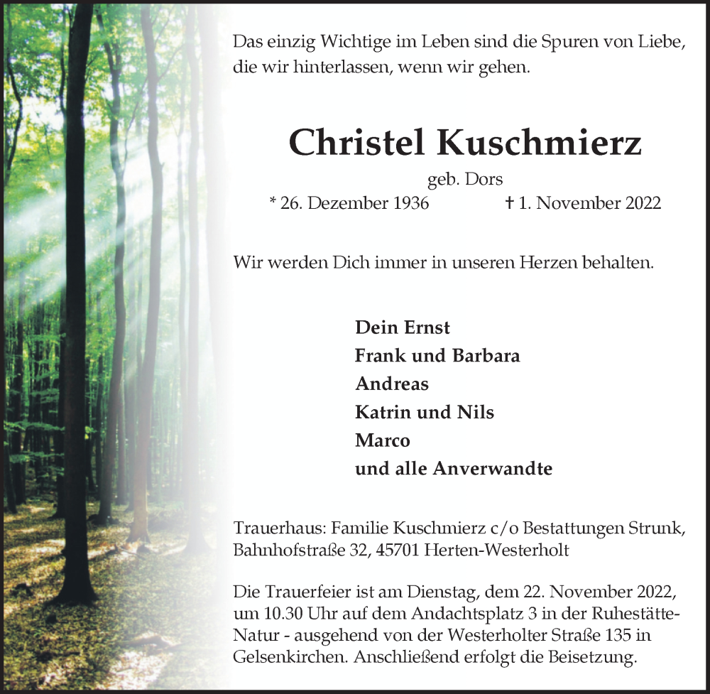 Traueranzeige für Christel Kuschmierz vom 18.11.2022 aus Medienhaus Bauer