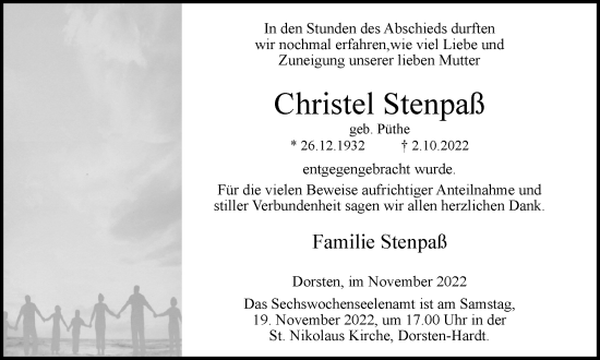 Traueranzeige von Christel Stenpaß von Ruhr Nachrichten und Dorstener Zeitung