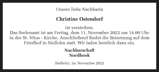 Traueranzeige von Christine Ostendorf von Münstersche Zeitung und Münsterland Zeitung
