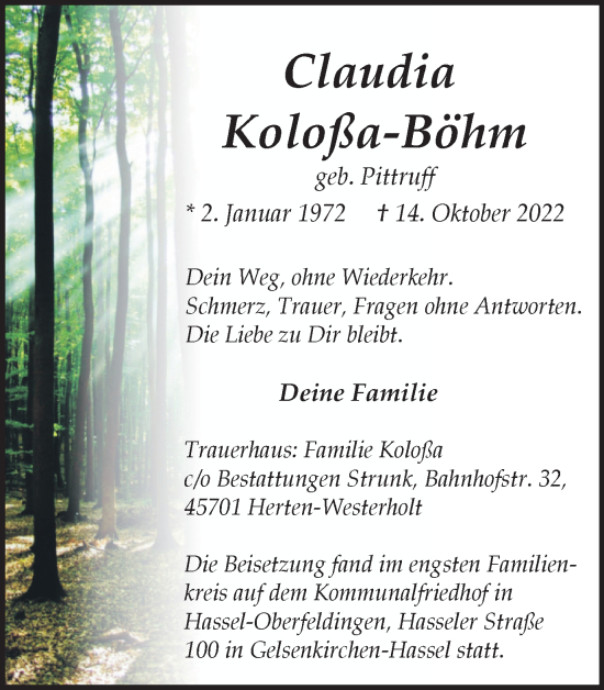 Traueranzeige von Claudia Koloßa-Böhm von Medienhaus Bauer