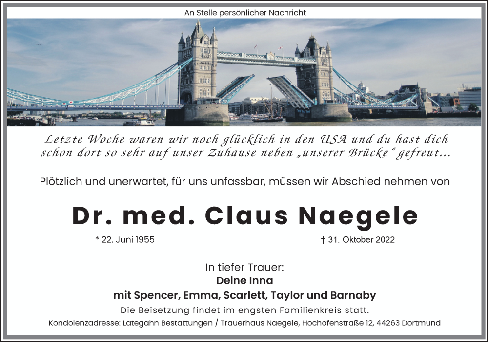  Traueranzeige für Claus Naegele vom 05.11.2022 aus 