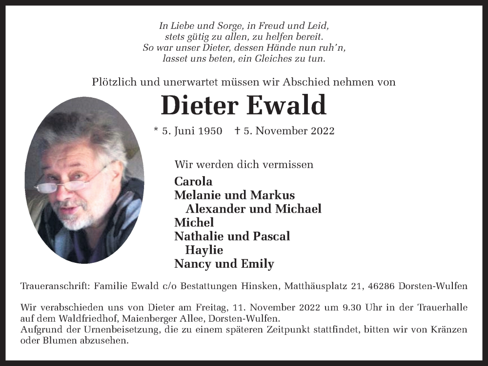  Traueranzeige für Dieter Ewald vom 09.11.2022 aus Ruhr Nachrichten und Dorstener Zeitung