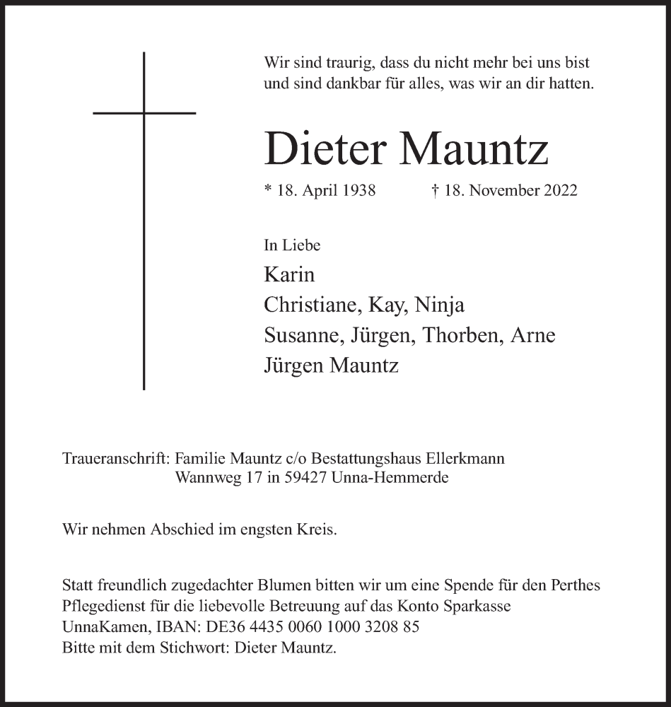  Traueranzeige für Dieter Mauntz vom 22.11.2022 aus Hellweger Anzeiger