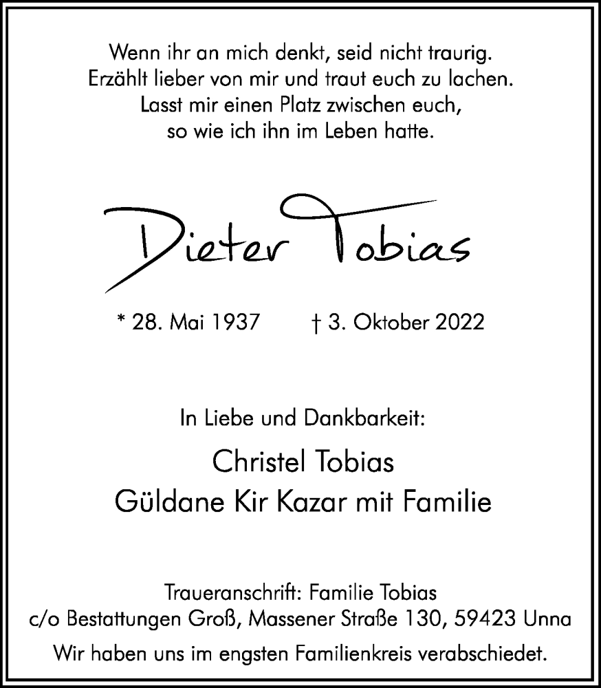  Traueranzeige für Dieter Tobias vom 05.11.2022 aus Hellweger Anzeiger